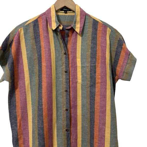 Madewell Womens Linen Blend Striped Tie-Front Top XS Button Up Short Sleeve - Picture 4 of 6